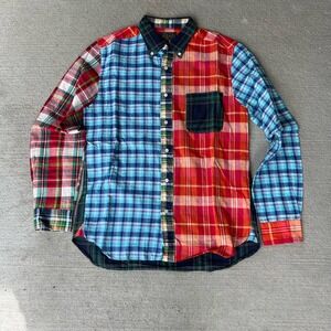 NWOT Beams Japan Men's M Patchwork Check Button Down Shirt Cotton Casual